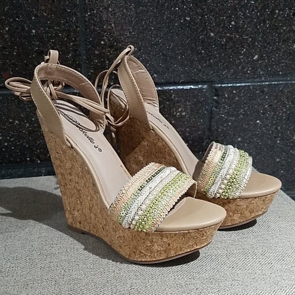 TAN NEUTRAL BEADED SANDAL CORK WEDGES ANKLE STRAPS Pastel Summer Beach Resort